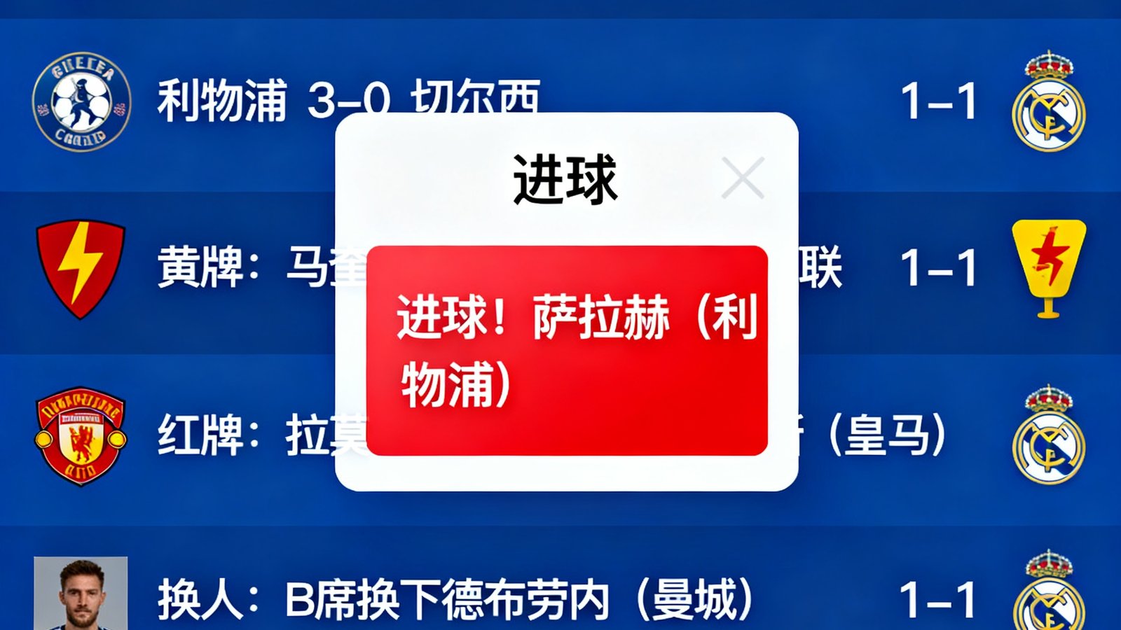 足球网闪电比分界面：多场比分滚动更新，进球弹窗高亮显示，红黄牌与换人信息同步